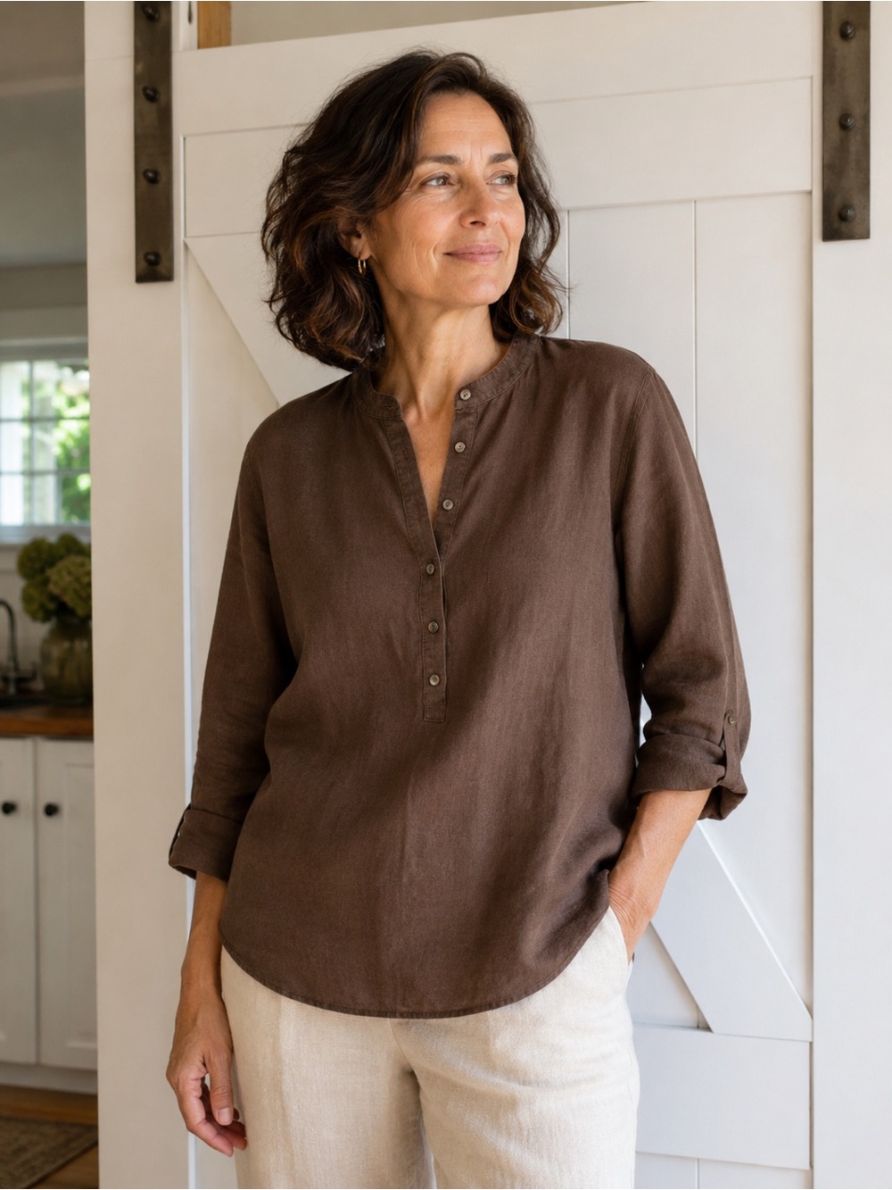 Ralph Lauren Brown Button-Front Linen Henley. BB26